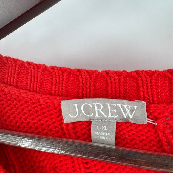 J.Crew Red Cotton Cable Knit Heavy Sweater Size L-XL Side Slit Crewneck Classic - Picture 4 of 10